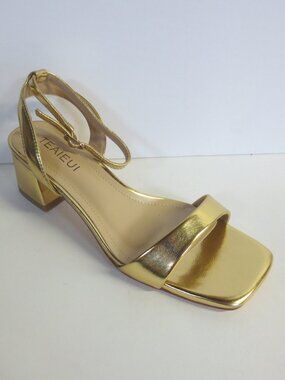 TEAIEUI Chunky Heels for Women, Square Open Toe Heeled Sandals - GOLD - US 7.5